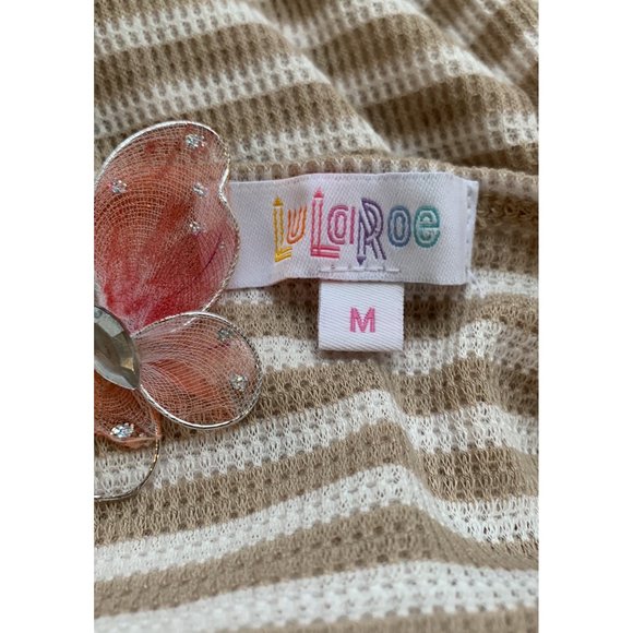 LulaRoe Sarah Duster Cardigan Sweater Tan Cream Striped Ribbed Women's Size M - Picture 4 of 6